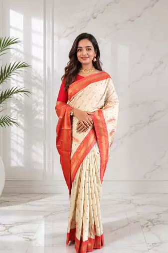 white color contrast weaving pallu and border kanchi weaving buttis on border silk blend saree