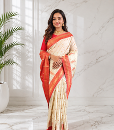 white color contrast weaving pallu and border kanchi weaving buttis on border silk blend saree