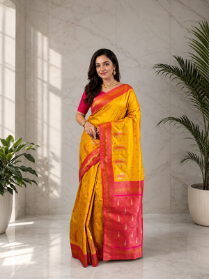 yellow color contrast weaving pallu and border kanchi weaving buttis on border silk blend saree 1
