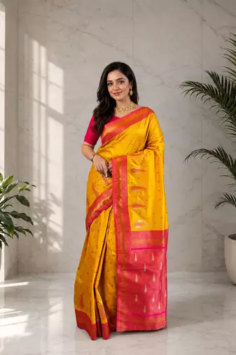 yellow color contrast weaving pallu and border kanchi weaving buttis on border silk blend saree