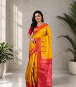 yellow color contrast weaving pallu and border kanchi weaving buttis on border silk blend saree
