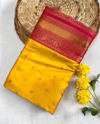 yellow color contrast weaving pallu and border kanchi weaving buttis on border silk blend saree 4