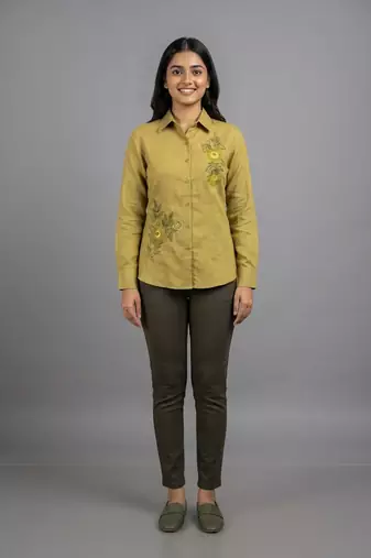 Olive green floral embroidered shirt co-ord set