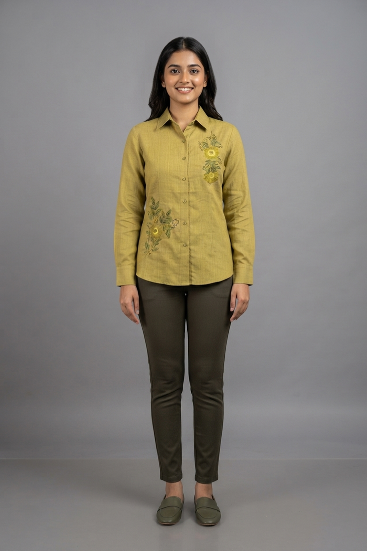 Olive green floral embroidered shirt co-ord set