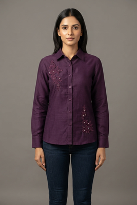 Wine floral embroidered shirt 1