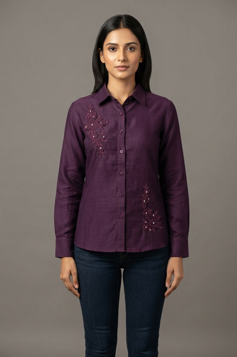 Wine floral embroidered shirt