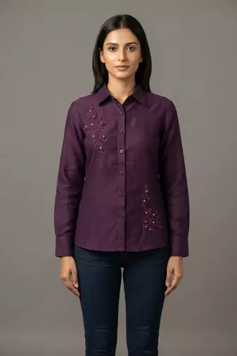 Wine floral embroidered shirt