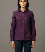 Wine floral embroidered shirt