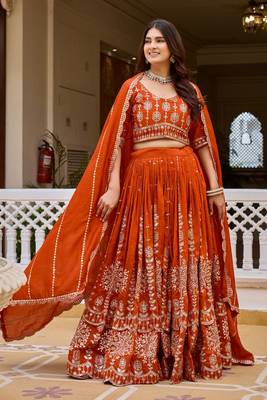 Orange Embroidery and sequin Work Silk Blend Lehenga Choli Set 1