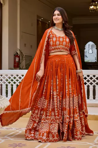 Orange Embroidery and sequin Work Silk Blend Lehenga Choli Set