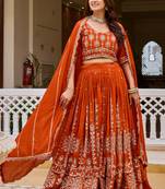 Orange Embroidery and sequin Work Silk Blend Lehenga Choli Set