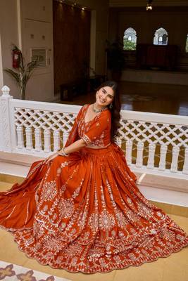 Orange Embroidery and sequin Work Silk Blend Lehenga Choli Set 2