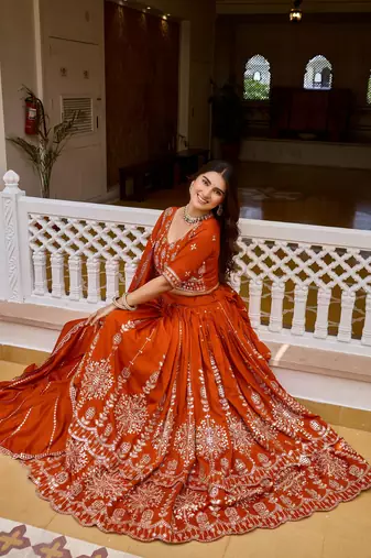 Orange Embroidery and sequin Work Silk Blend Lehenga Choli Set