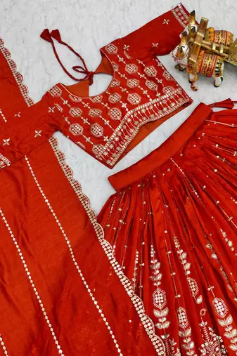 Orange Embroidery and sequin Work Silk Blend Lehenga Choli Set