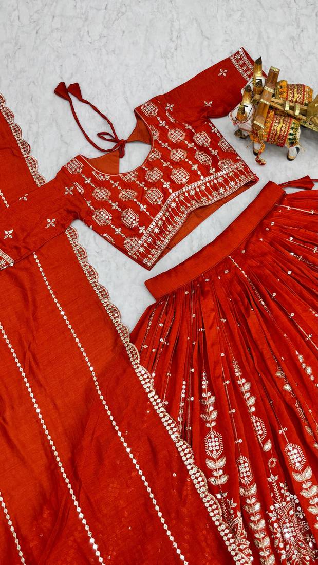 Orange Embroidery and sequin Work Silk Blend Lehenga Choli Set