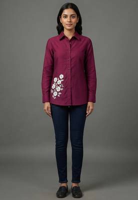 Magenta floral embroidered button-down shirt 1