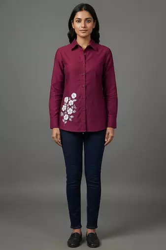 Magenta floral embroidered button-down shirt