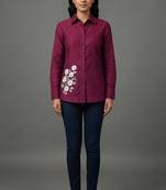 Magenta floral embroidered button-down shirt
