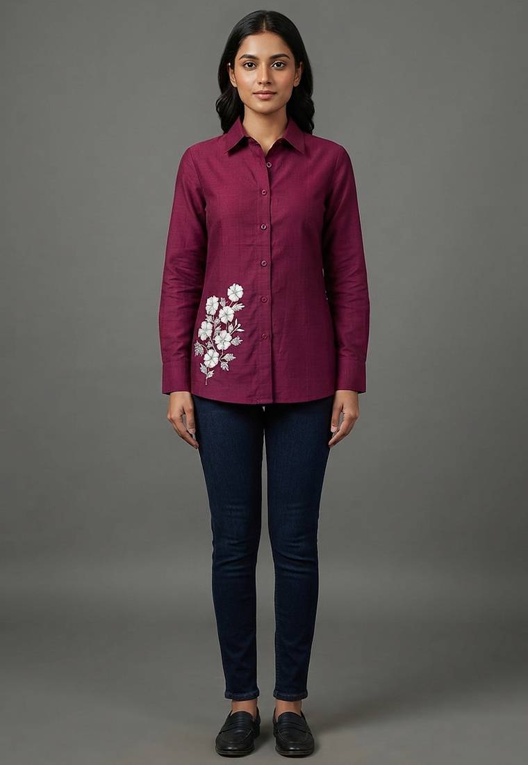Magenta floral embroidered button-down shirt