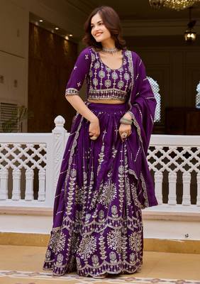 Purple Color Embroidery and Sequence Work Silk Blend Lehenga Choli Set 1