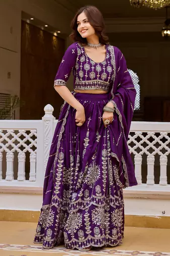 Purple Color Embroidery and Sequence Work Silk Blend Lehenga Choli Set