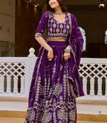 Purple Color Embroidery and Sequence Work Silk Blend Lehenga Choli Set
