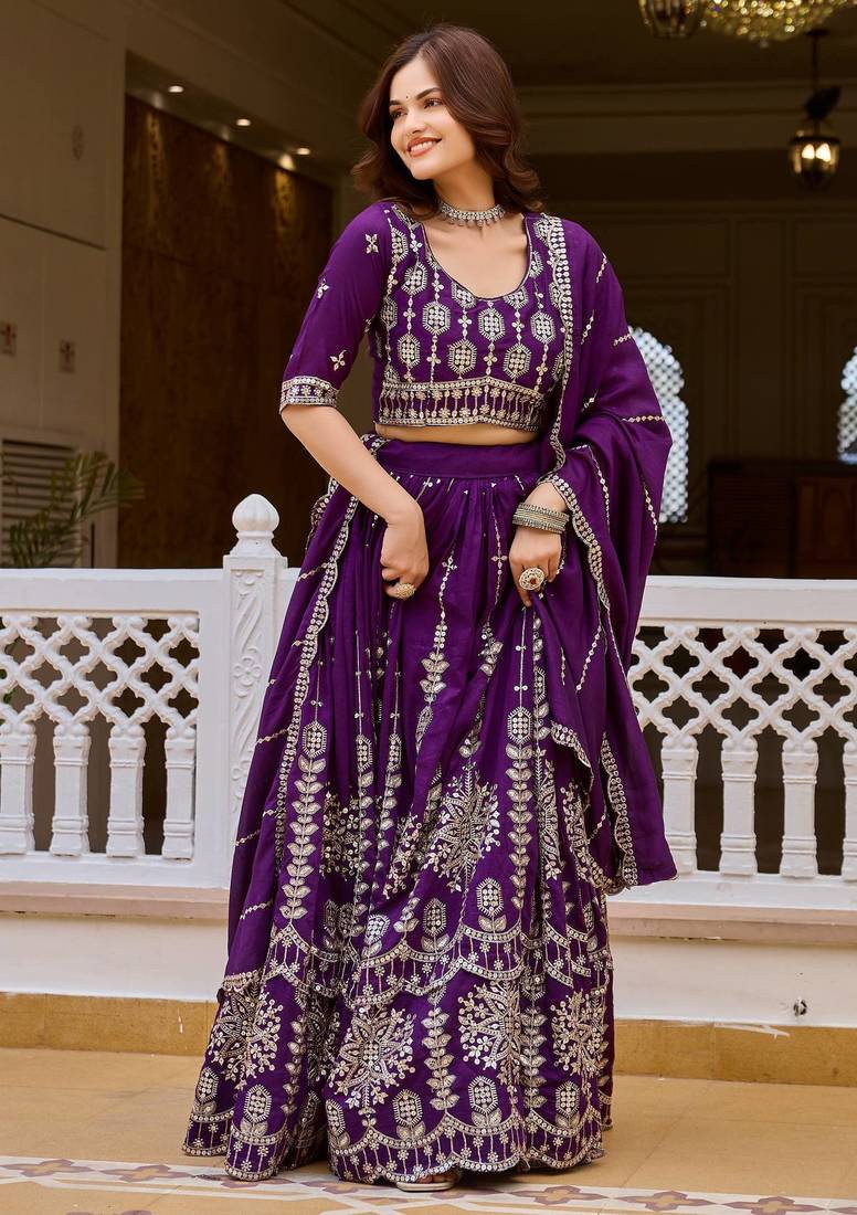 Purple Color Embroidery and Sequence Work Silk Blend Lehenga Choli Set