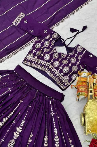 Purple Color Embroidery and Sequence Work Silk Blend Lehenga Choli Set