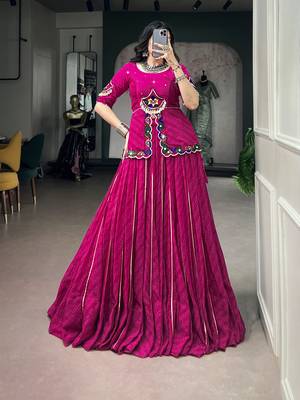 Women Pink Printed Georgette free size Navratri Special Lehenga Choli with Gamthi Mirror Work 5