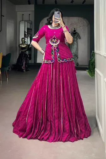 Women Pink Printed Georgette free size Navratri Lehenga Choli with Gamthi Mirror Work
