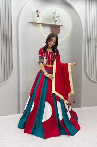 Rani Pink Hand LatkanGamthi And Gota patti Work Cotton Lehenga Choli Set