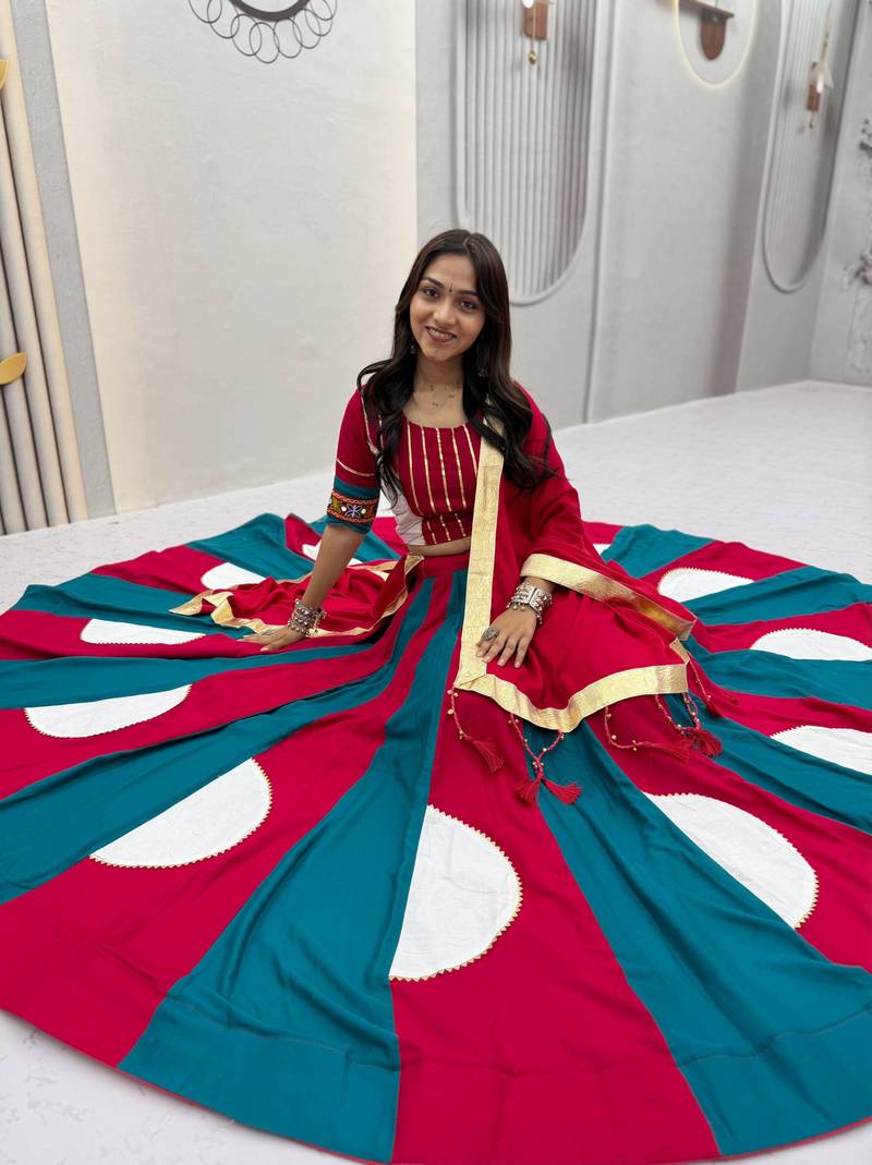 Rani Pink Hand LatkanGamthi And Gota patti Work Cotton Lehenga Choli Set