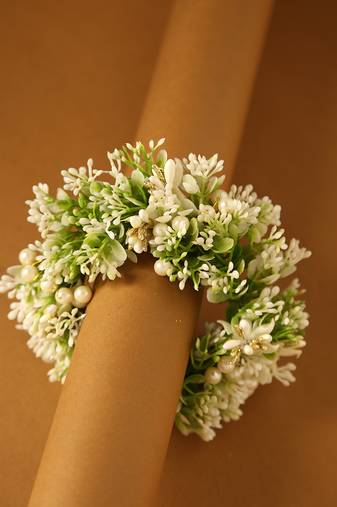 Artificial white & greenery floral gajra with pearl accents