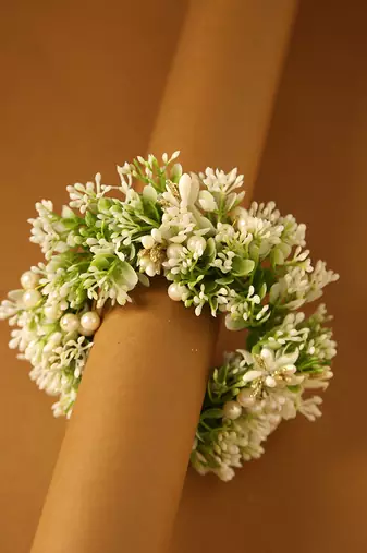 Artificial white & greenery floral gajra with pearl accents