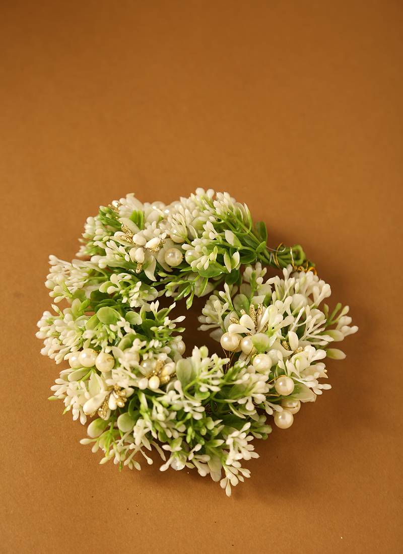 Artificial white & greenery floral gajra with pearl accents