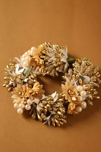 Royal antique gold & pearl bridal floral gajra hairpiece