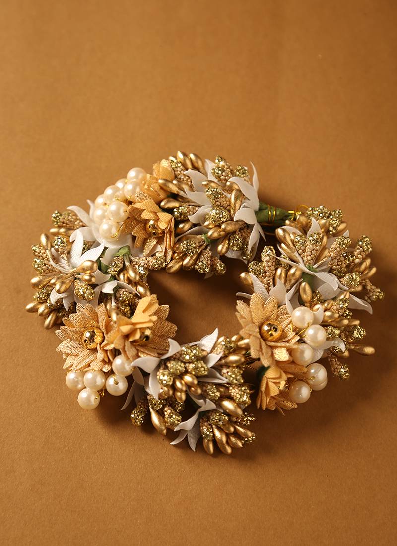 Royal antique gold & pearl bridal floral gajra hairpiece