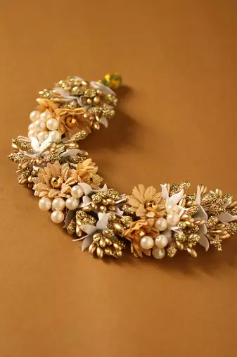 Royal antique gold & pearl bridal floral gajra hairpiece