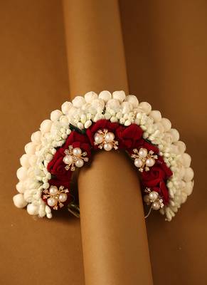 Velvet red rose & pearl kundan embellished bridal gajra wreath 2