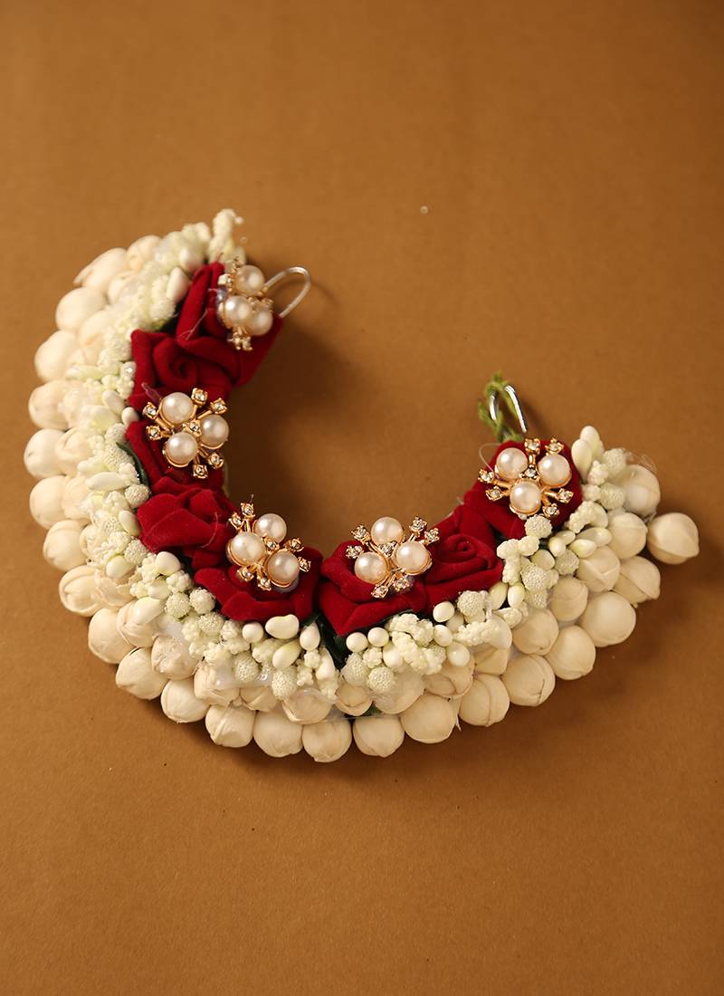 Velvet red rose & pearl kundan embellished bridal gajra wreath