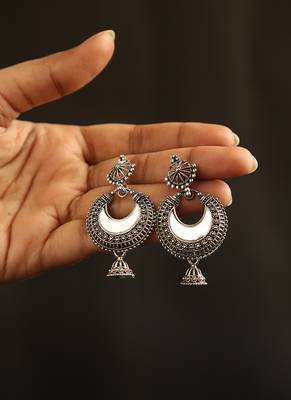 Oxidized silver crescent mirror work chandbali jhumka earrings 1