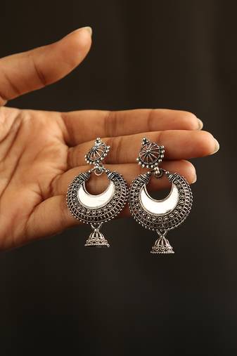 Oxidized silver crescent mirror work chandbali jhumka earrings