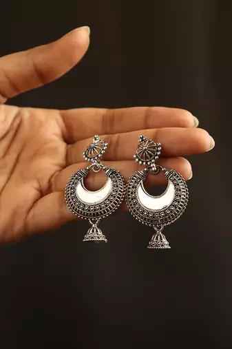 Oxidized silver crescent mirror work chandbali jhumka earrings