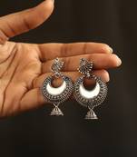 Oxidized silver crescent mirror work chandbali jhumka earrings