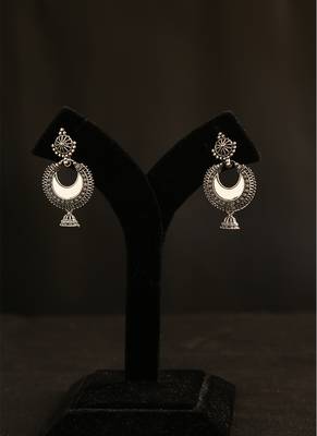 Oxidized silver crescent mirror work chandbali jhumka earrings 2