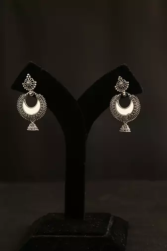 Oxidized silver crescent mirror work chandbali jhumka earrings