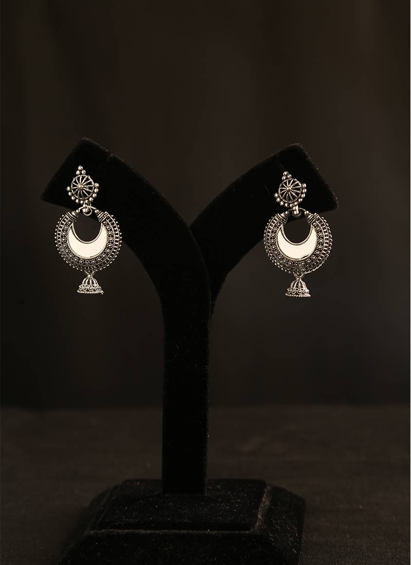 Oxidized silver crescent mirror work chandbali jhumka earrings