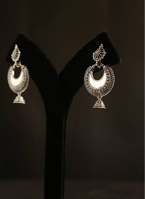 Oxidized silver crescent mirror work chandbali jhumka earrings 3
