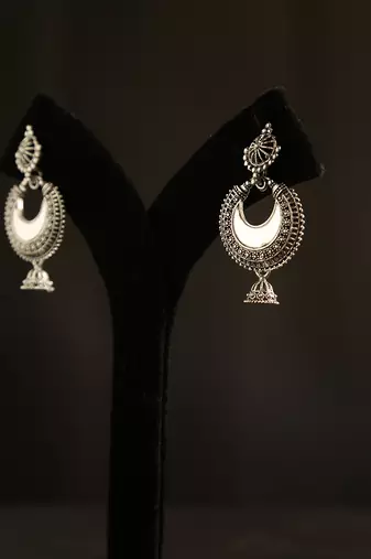 Oxidized silver crescent mirror work chandbali jhumka earrings