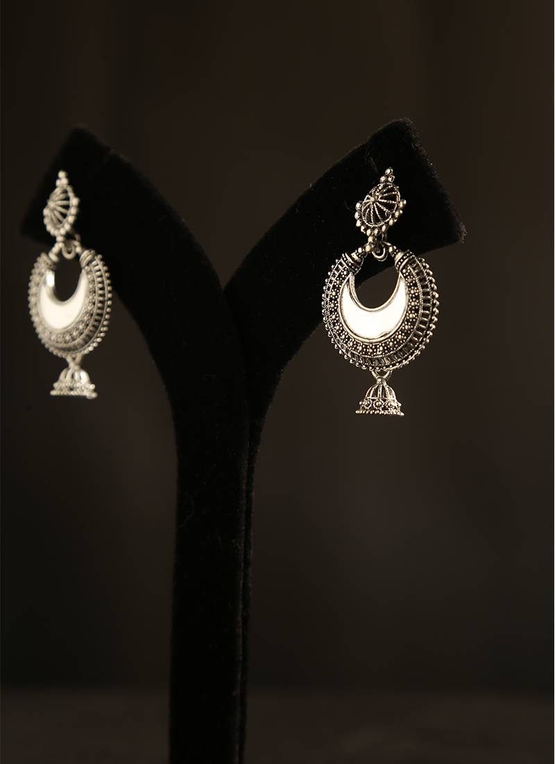 Oxidized silver crescent mirror work chandbali jhumka earrings
